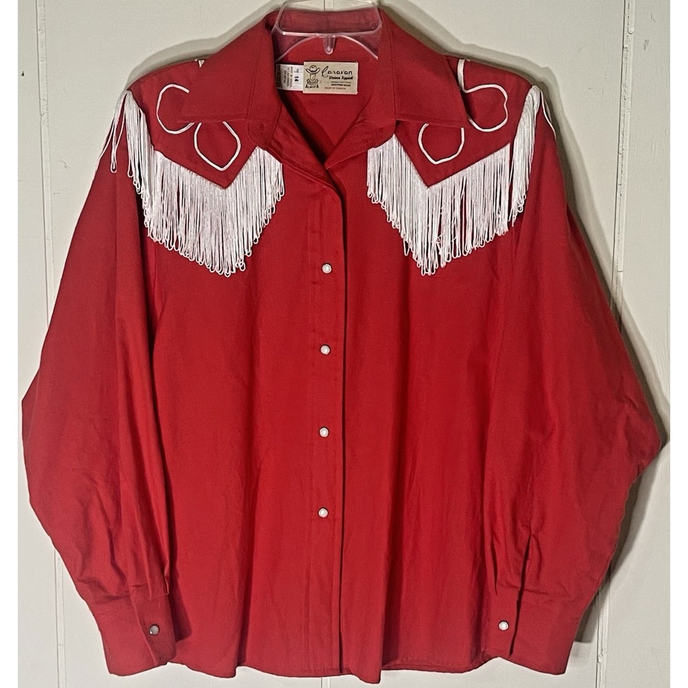 Vintage Caravan Western Fringe Shirt Red White Cowgirl Rodeo Women's‎ 14